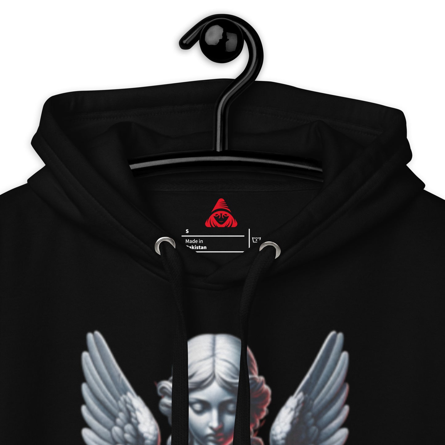 Black hoodie with angel design and brand logo on a hanger