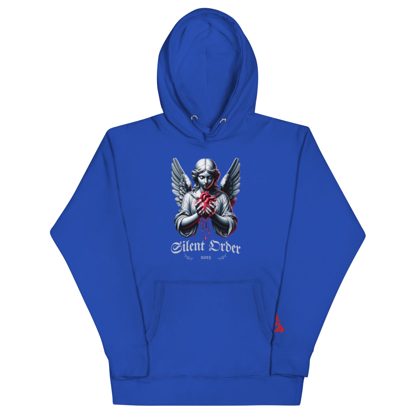 Blue hoodie with a graphic design on a white background