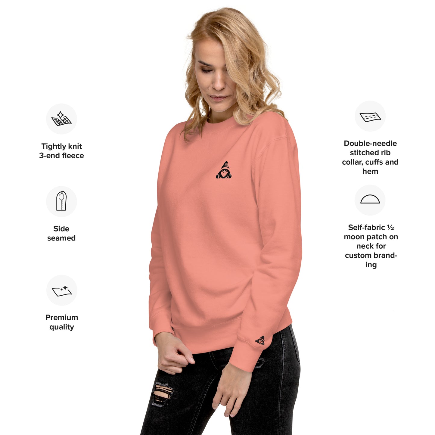 Woman wearing a pink sweatshirt with a brand logo, surrounded by text details about the sweatshirt's features.