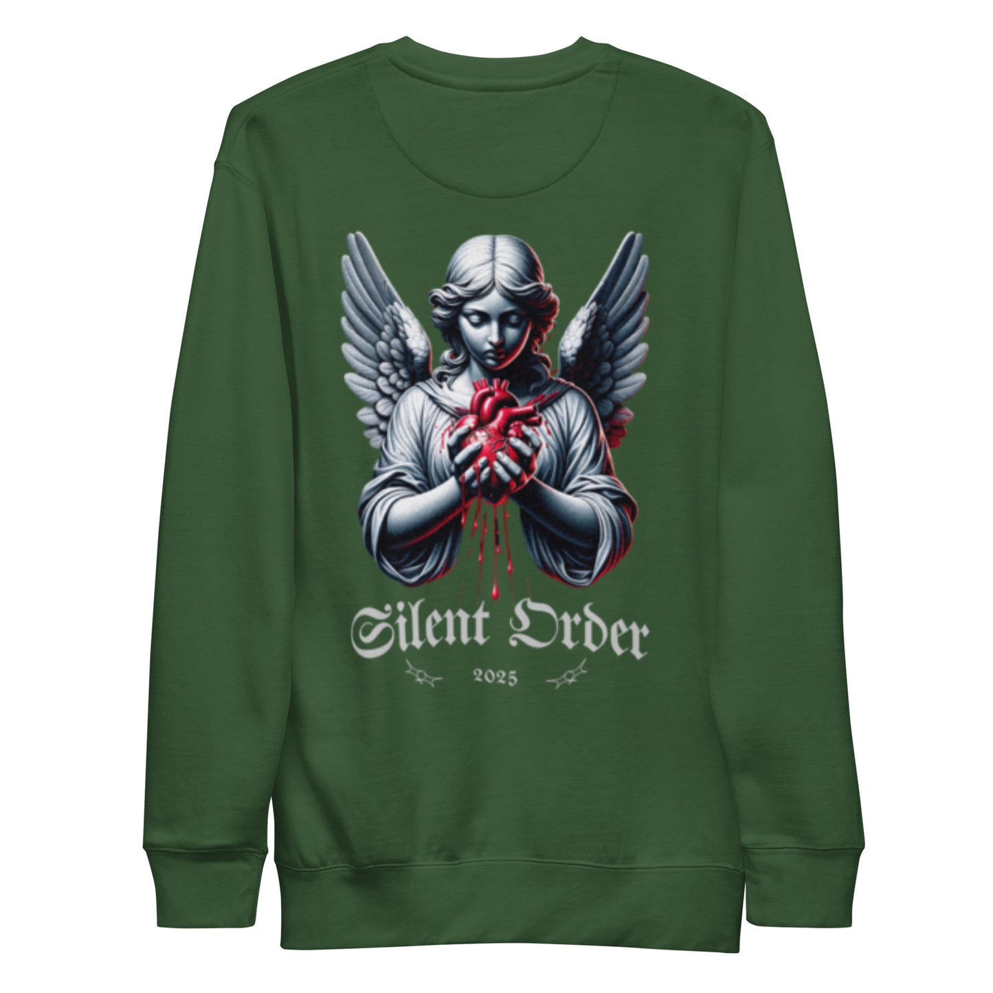 Green sweatshirt with an angel graphic and 'Silent Order' text on a white background