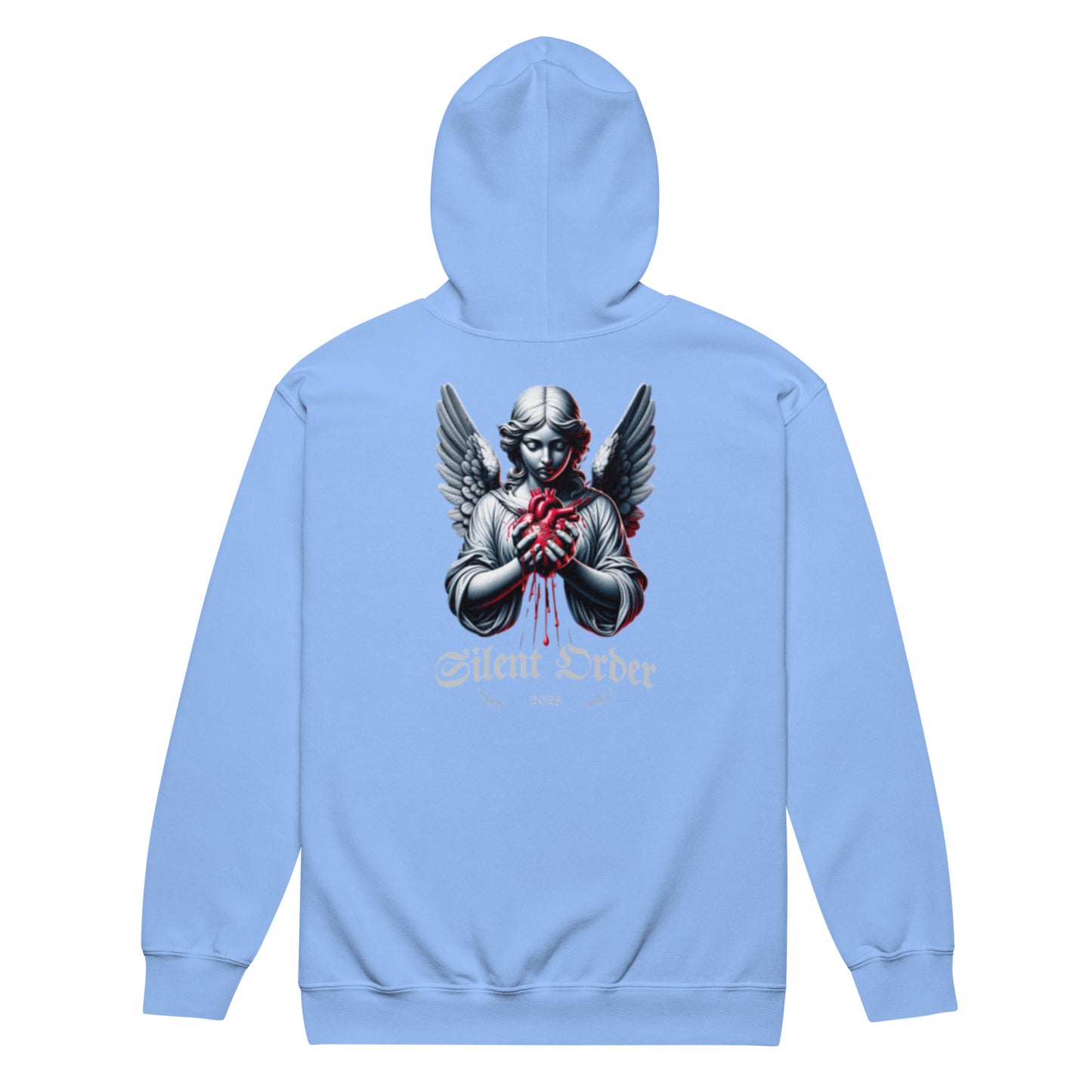 Light blue hoodie with a graphic design of an angel and text on a white background