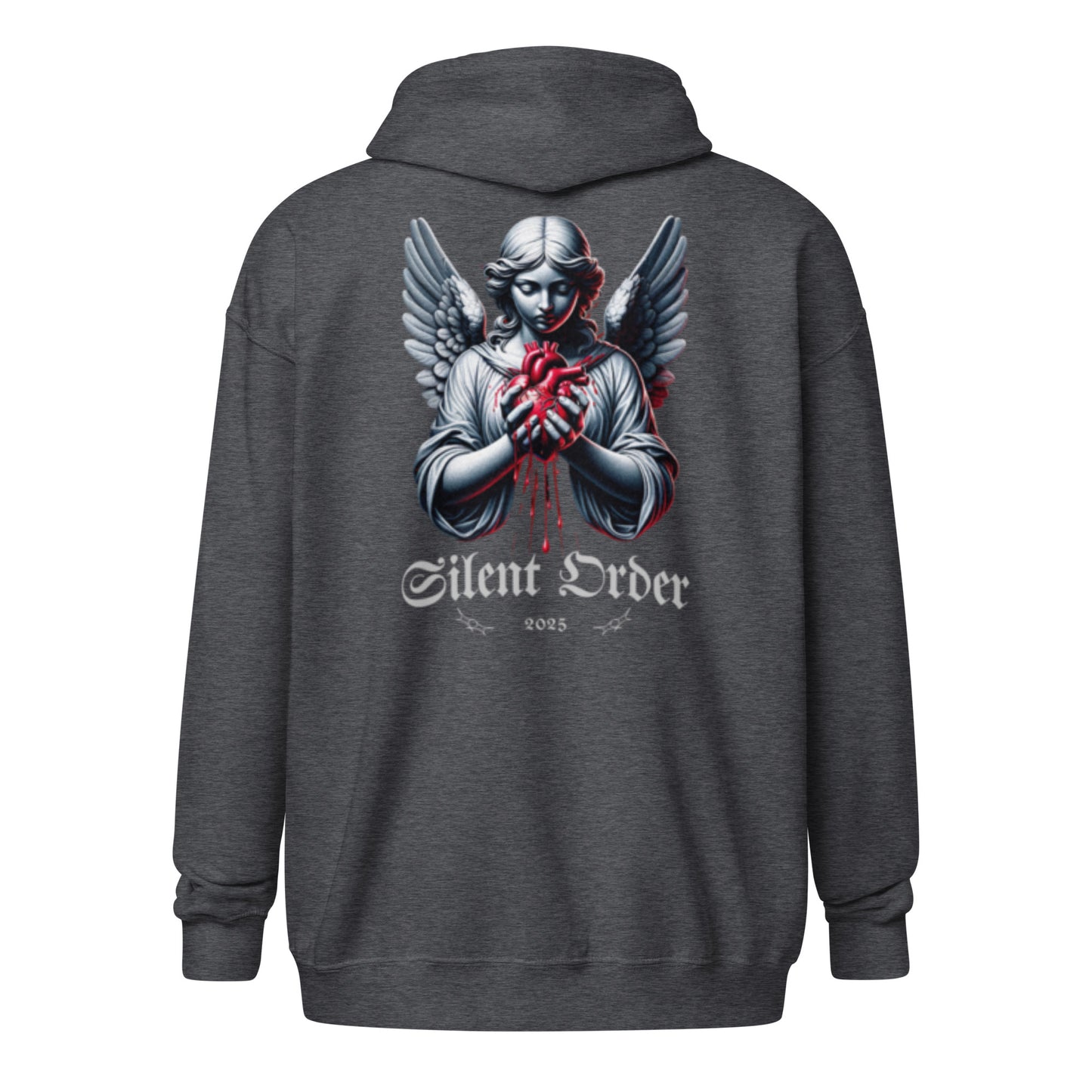 Dark gray hoodie with an angel graphic and 'Silent Order' text on the back, on a white background.