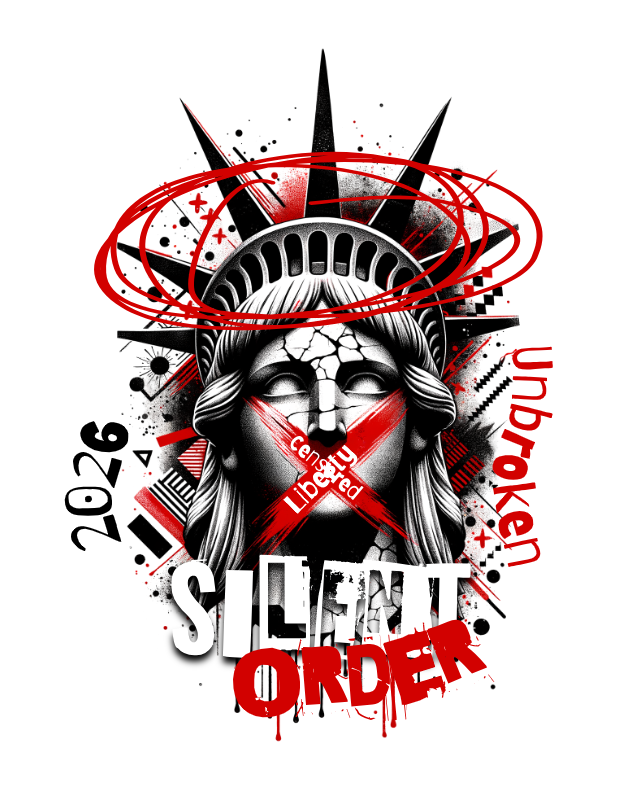 Stylized illustration of a head with a red circle and text, featuring the number 2026 and the word 'Silent'.