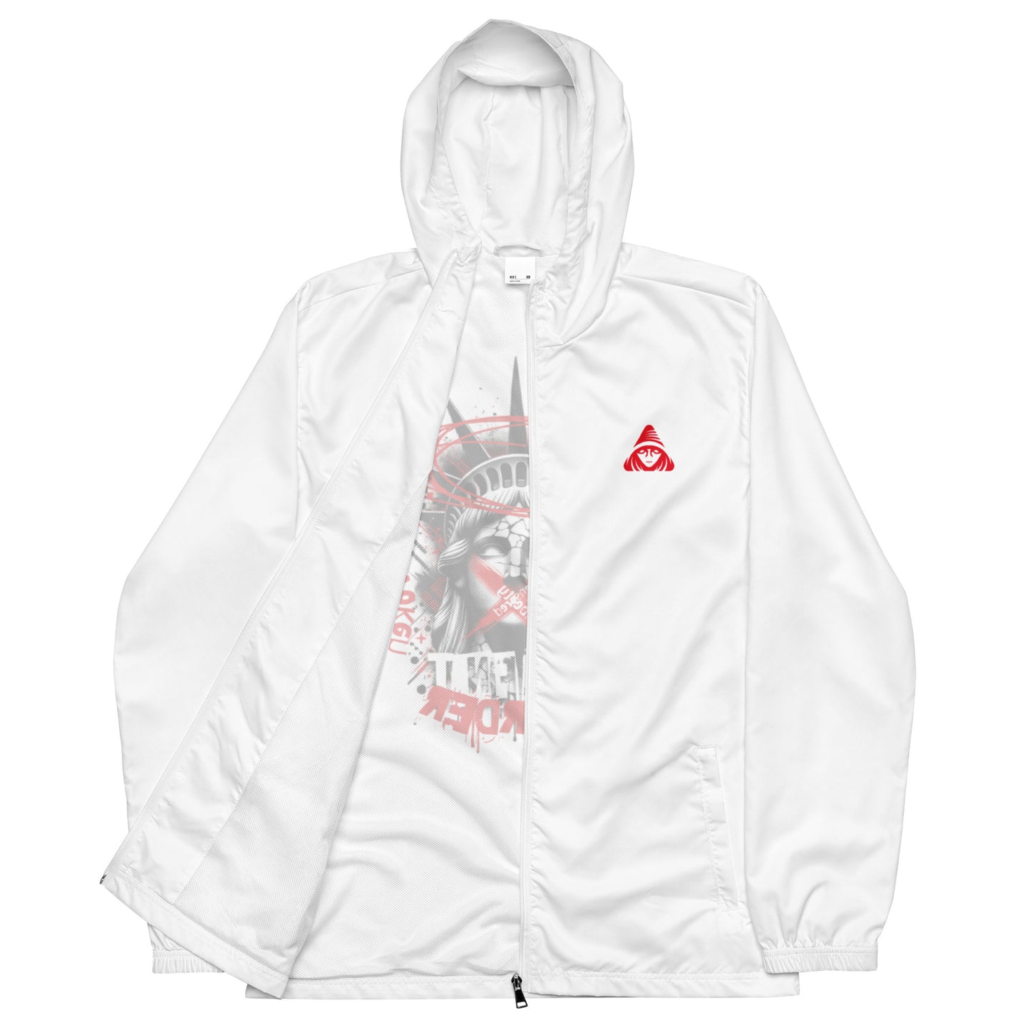 White jacket with a graphic design on a white background