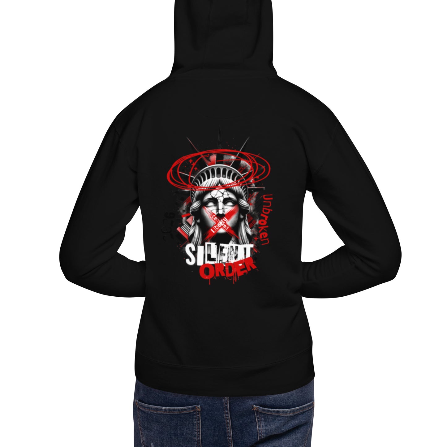 Black hoodie with a graphic design on the back, worn by a person.