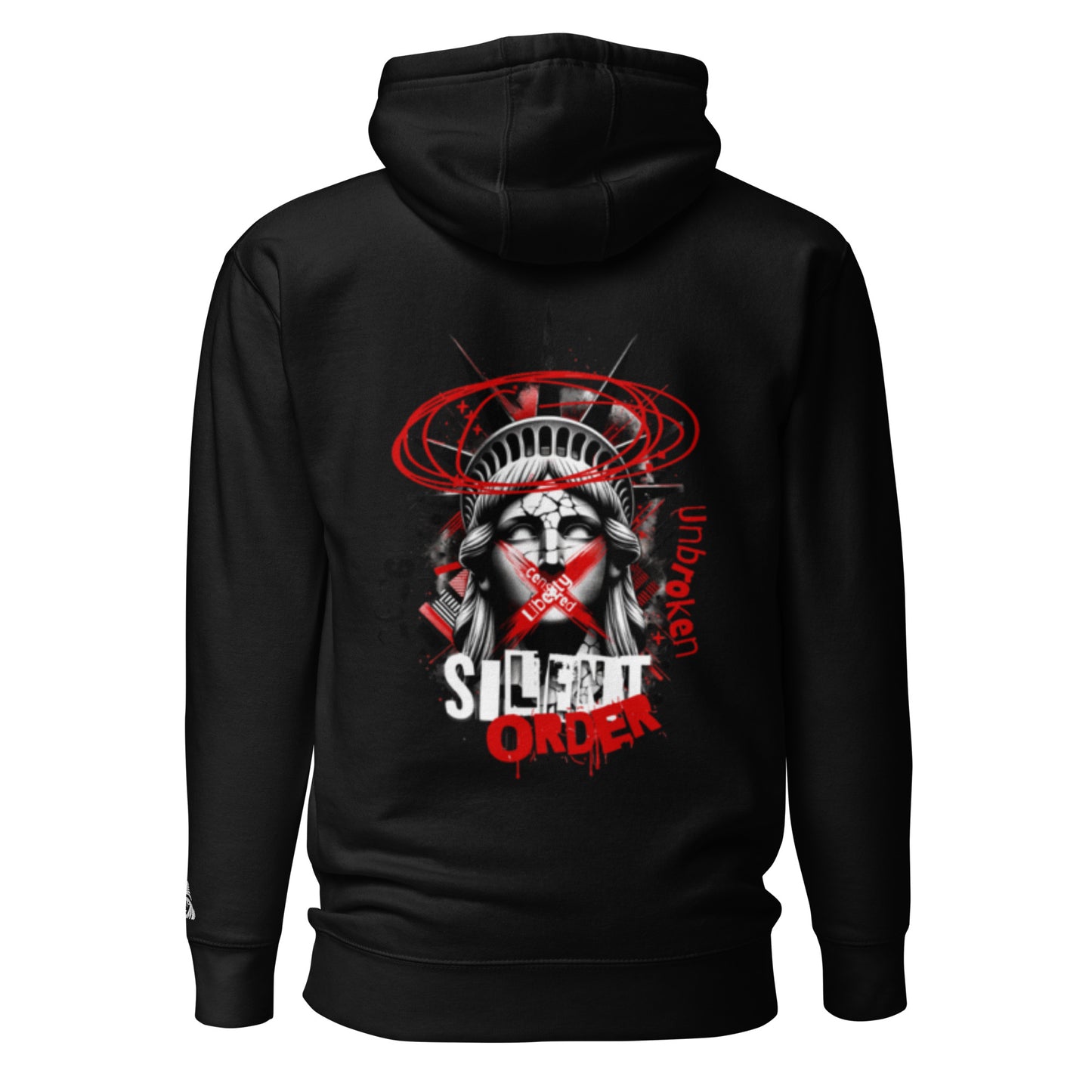Black hoodie with a graphic design on the back featuring a stylized face and text.
