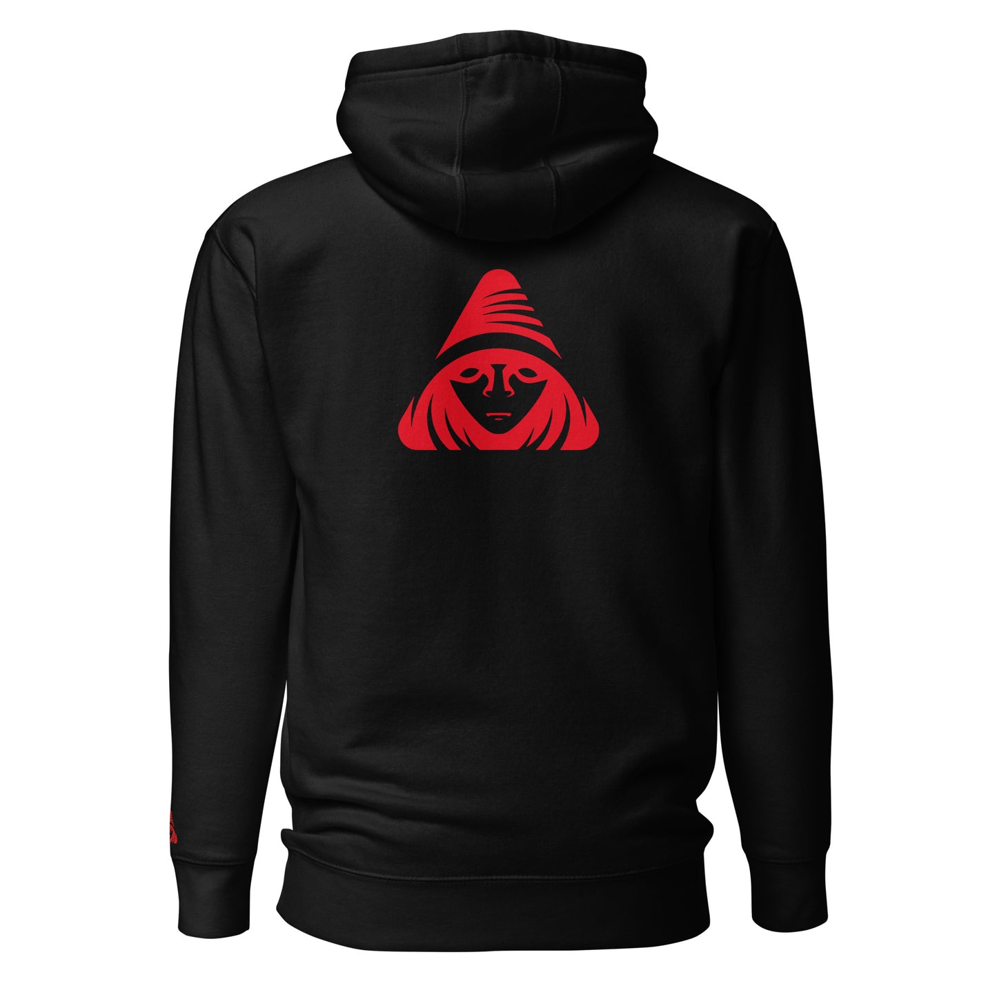 Black hoodie with a red graphic on the back against a white background