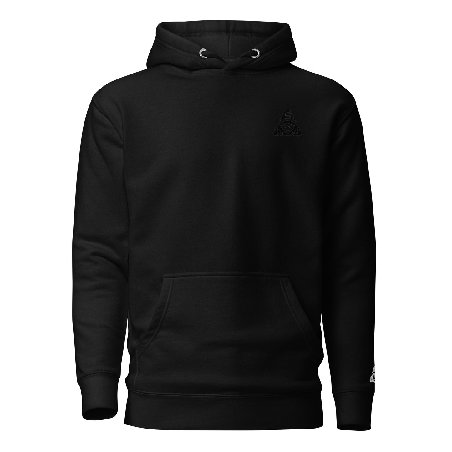 Black hoodie with a small logo on the chest against a white background