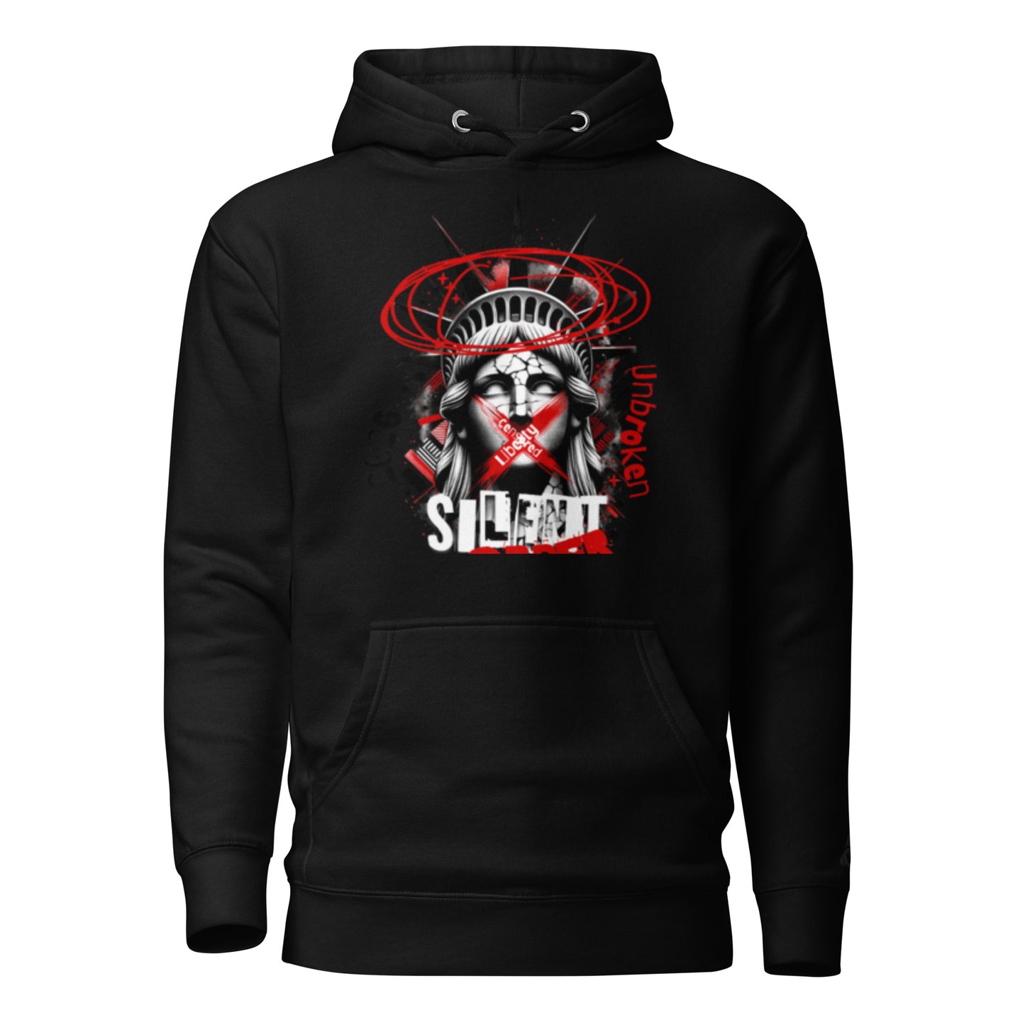 Black hoodie with graphic design of a face with a red cross and text on a white background