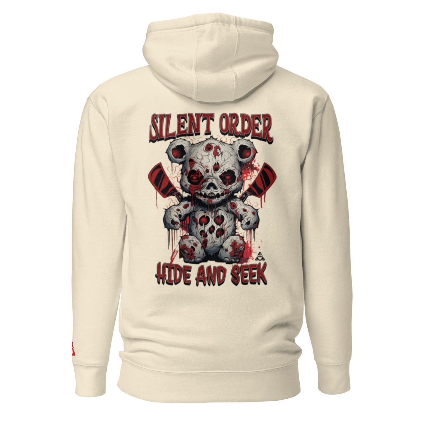 Beige hoodie with a graphic design of a teddy bear and text on the back, on a white background.