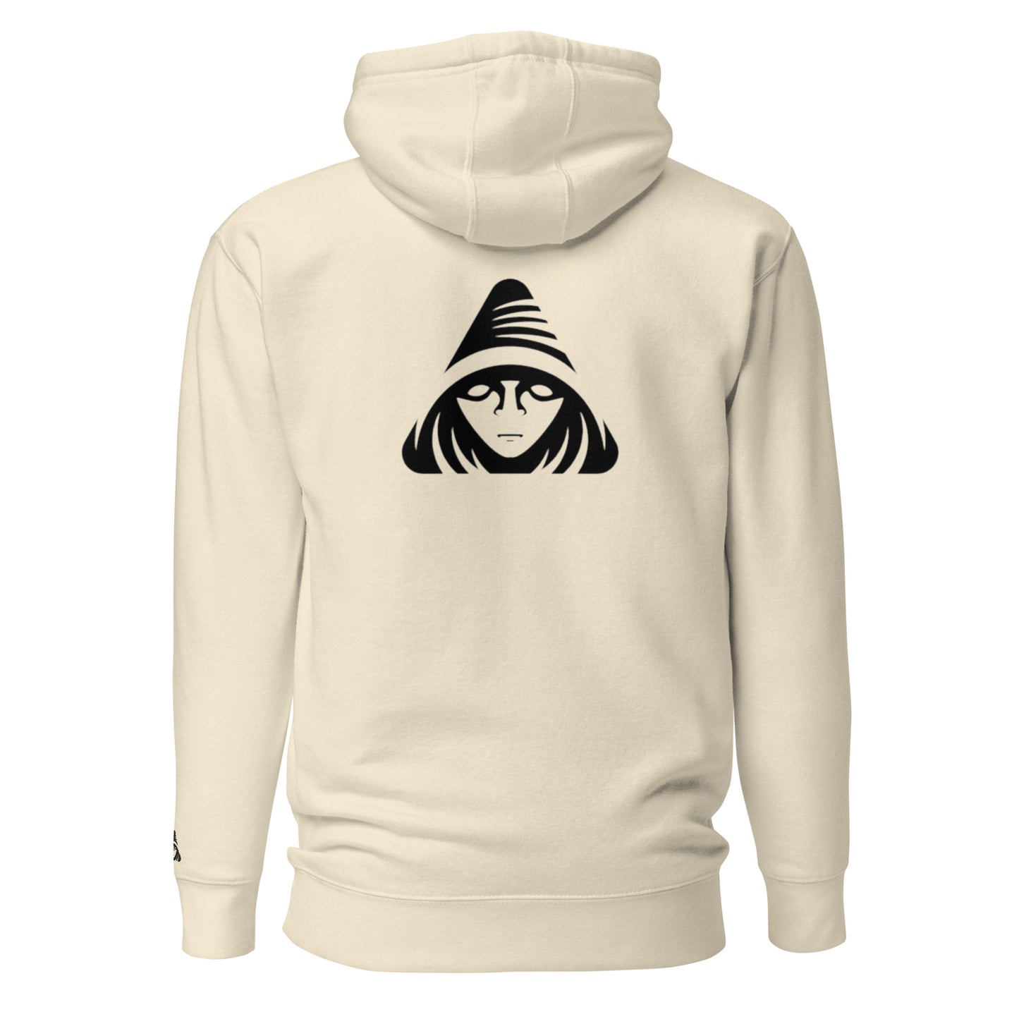 Beige hoodie with black graphic on the back on a white background