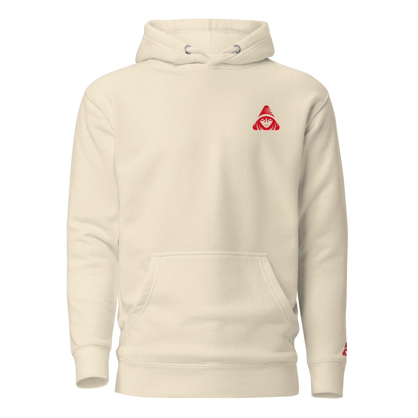 Beige hoodie with a red logo on the chest against a white background