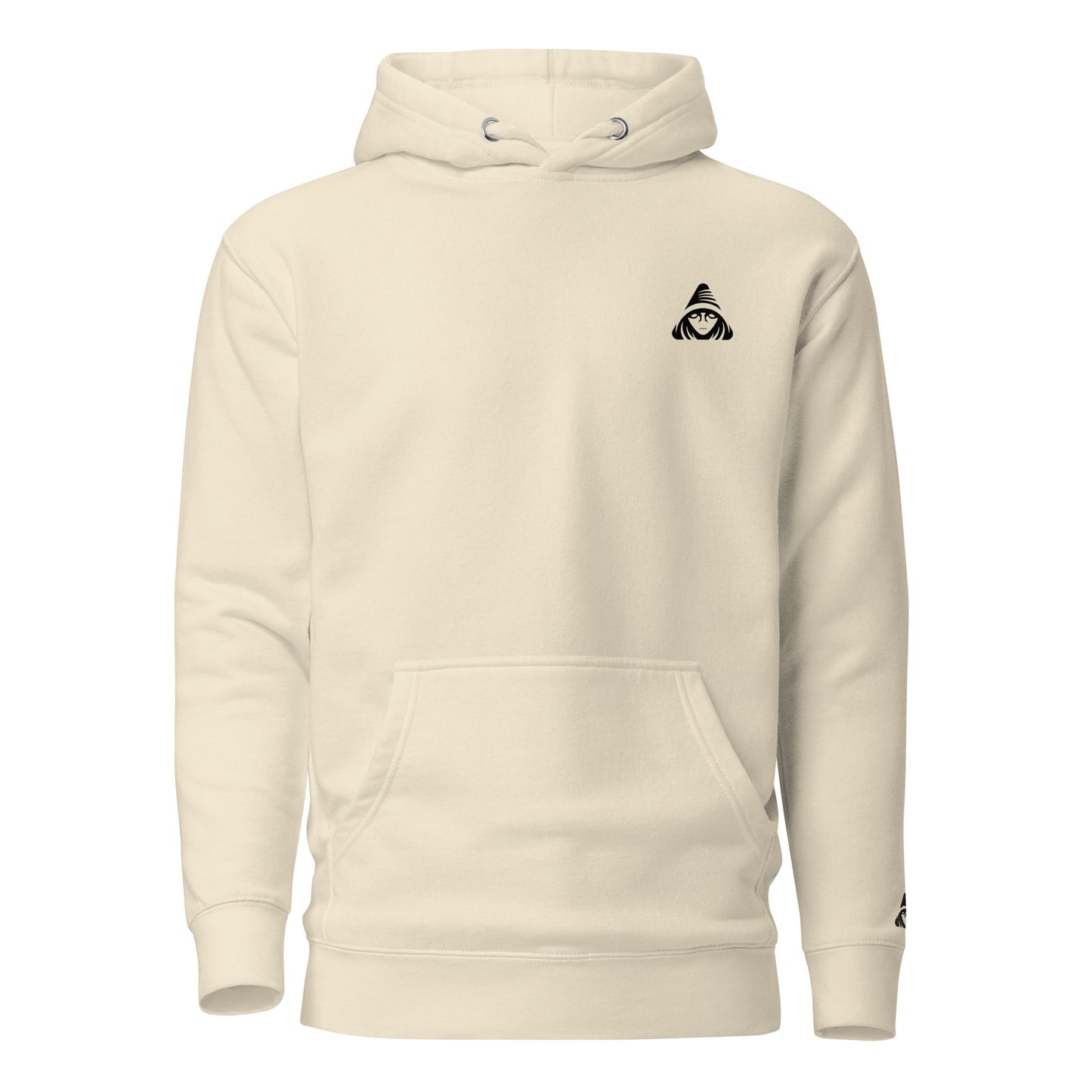 Beige hoodie with a black logo on the chest against a white background