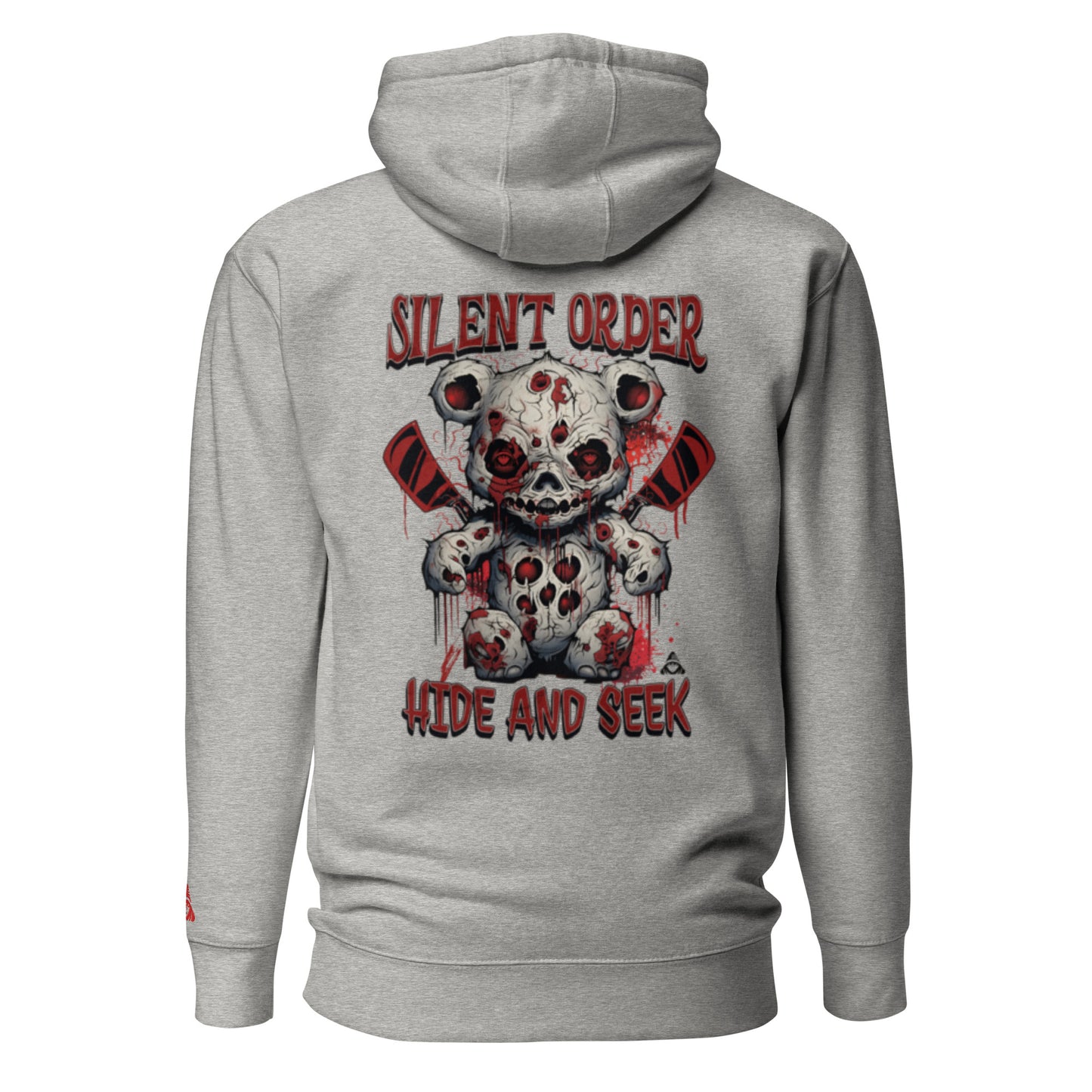 Gray hoodie with a graphic design of a zombie bear and text on the back, on a white background.