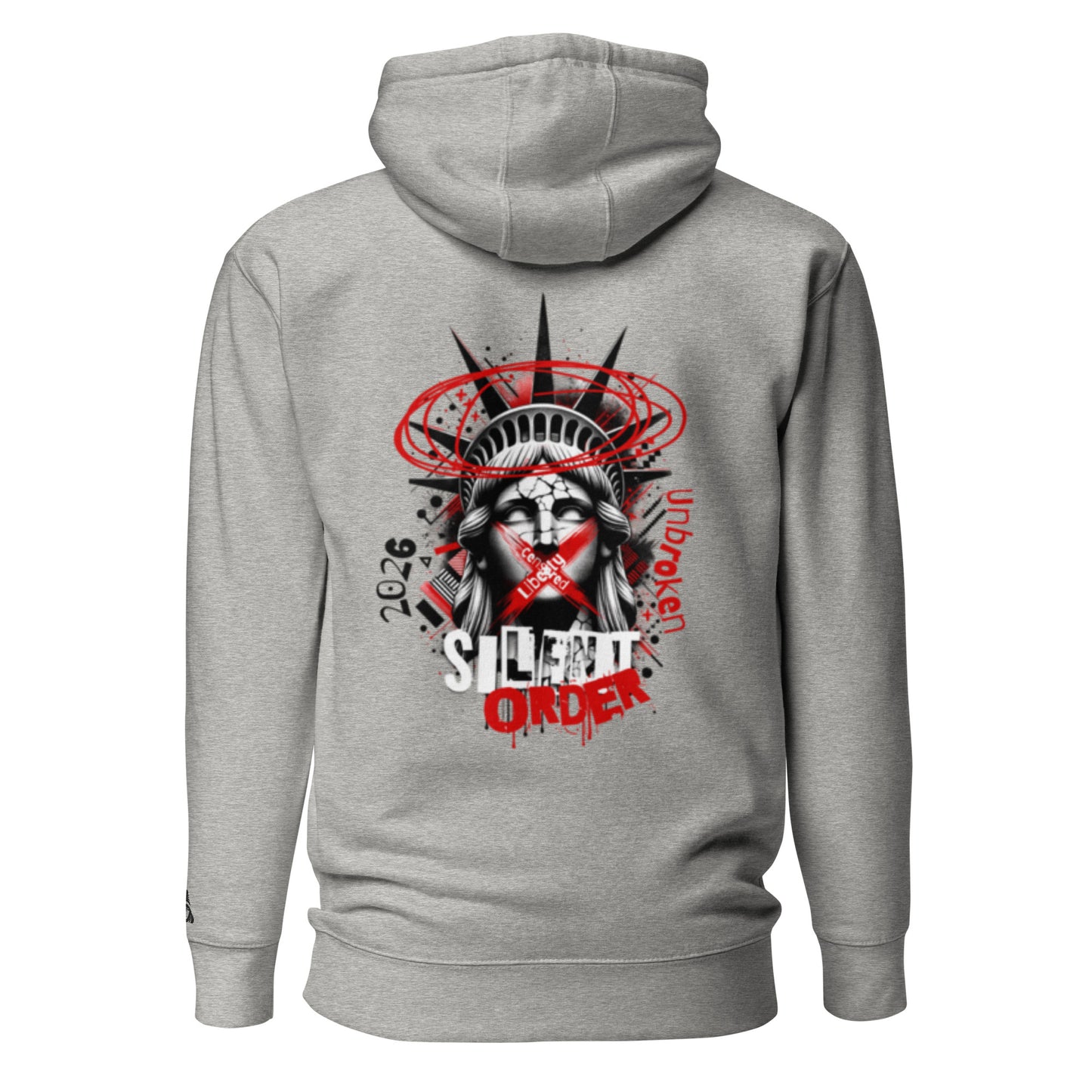 Gray hoodie with a graphic design on the back featuring the Statue of Liberty and text.