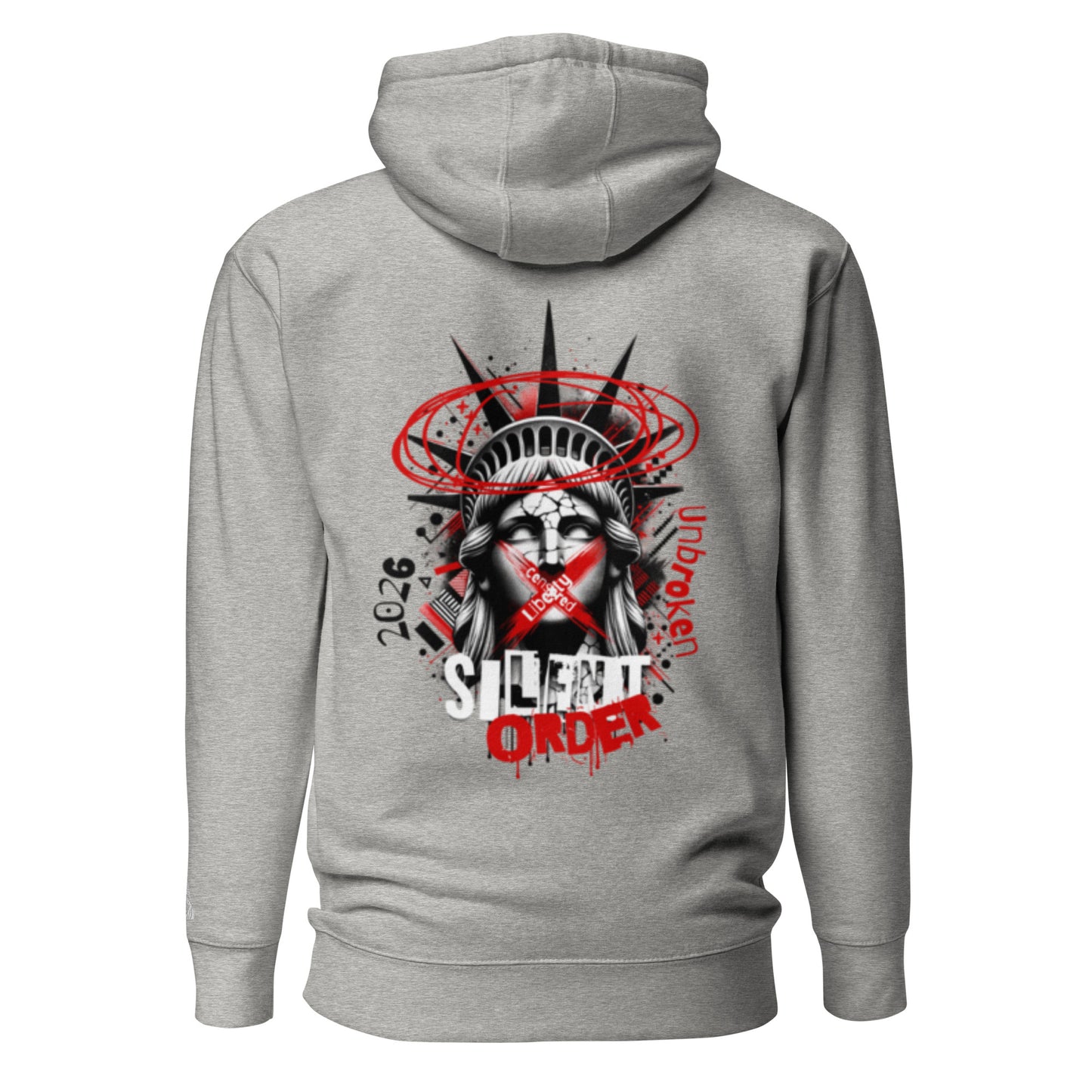 Gray hoodie with a graphic design on the back featuring a stylized face with a red 'X' over it, on a white background.