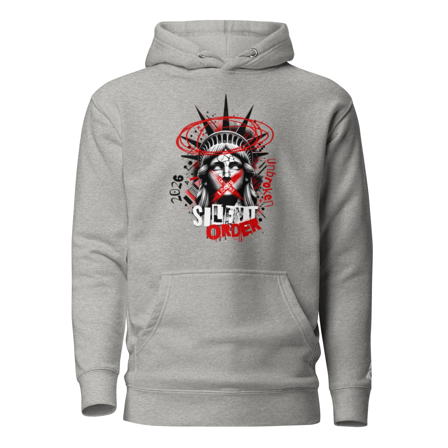 Gray hoodie with a graphic design of a stylized face and text on a white background