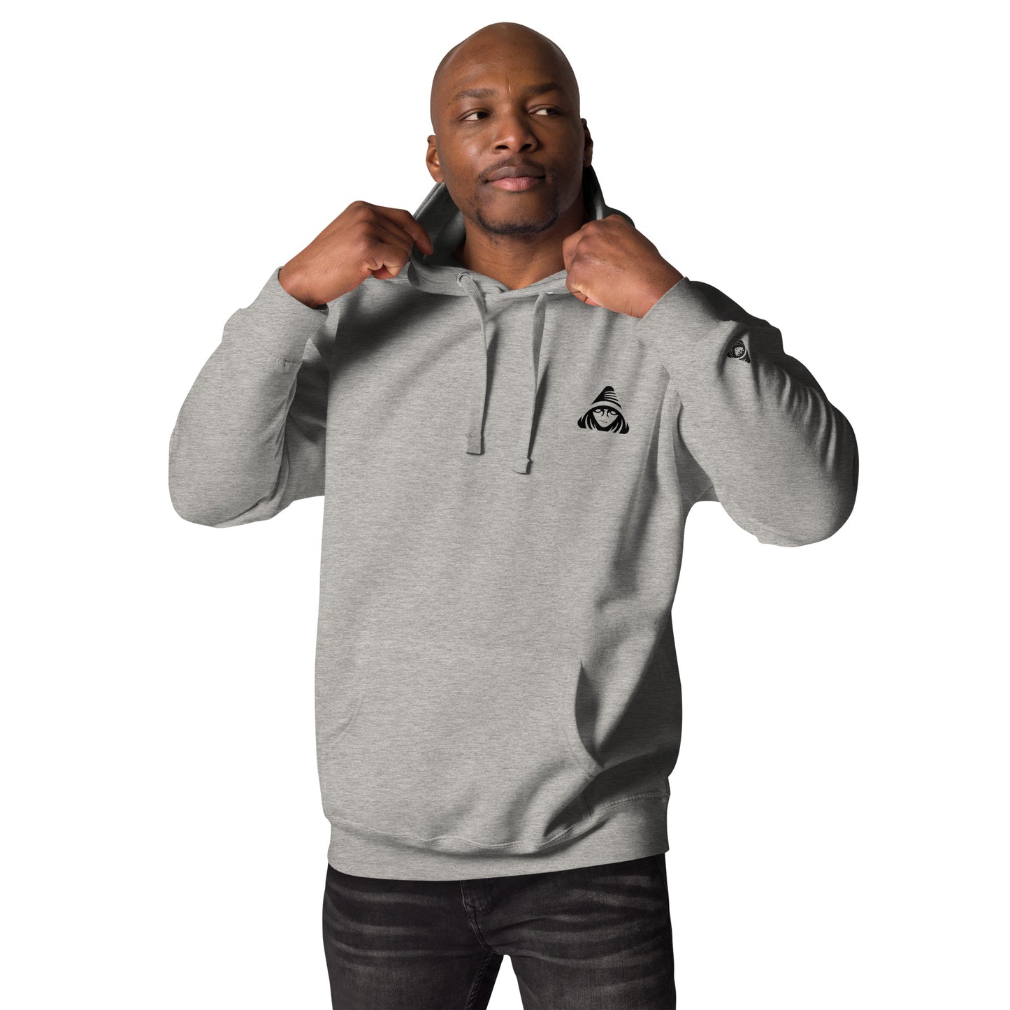 Man wearing a gray hoodie with a logo on a white background