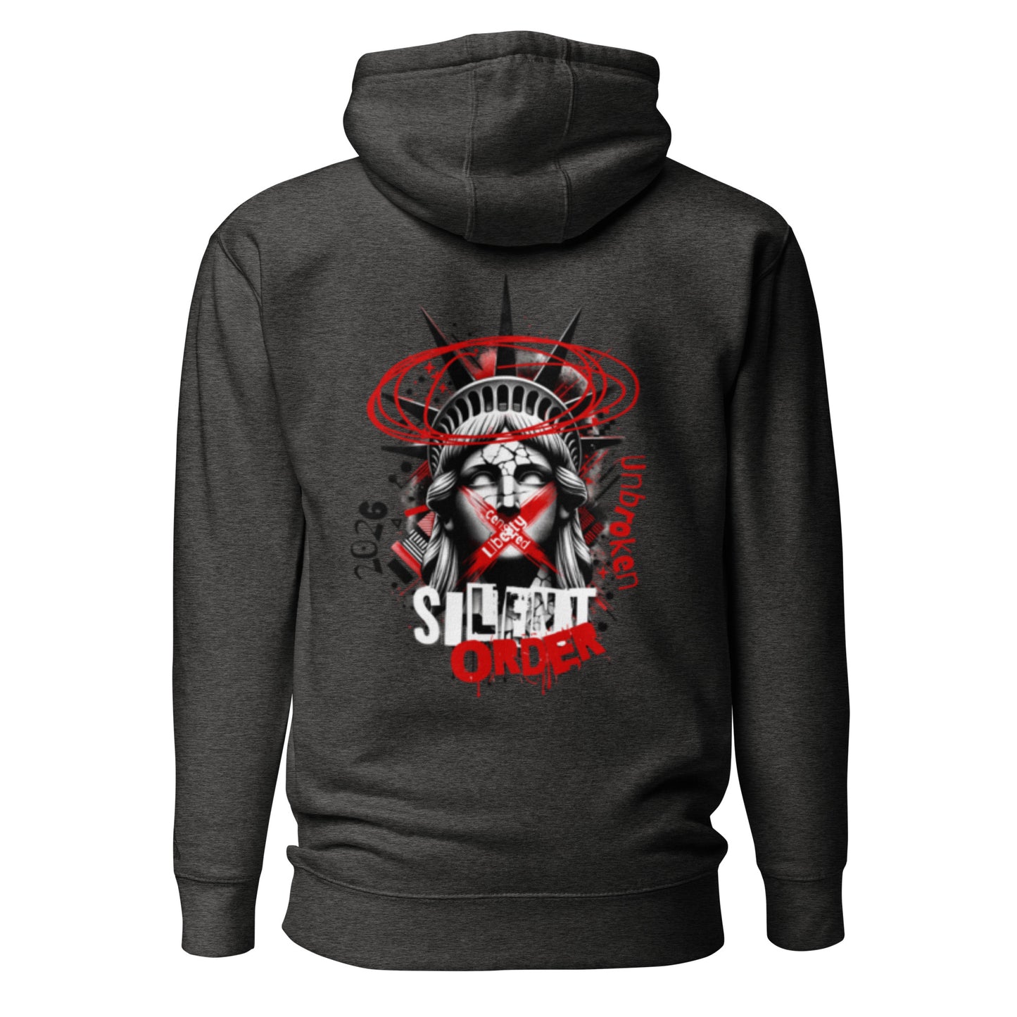 Dark hoodie with a graphic design on the back featuring a stylized face and text, on a white background.