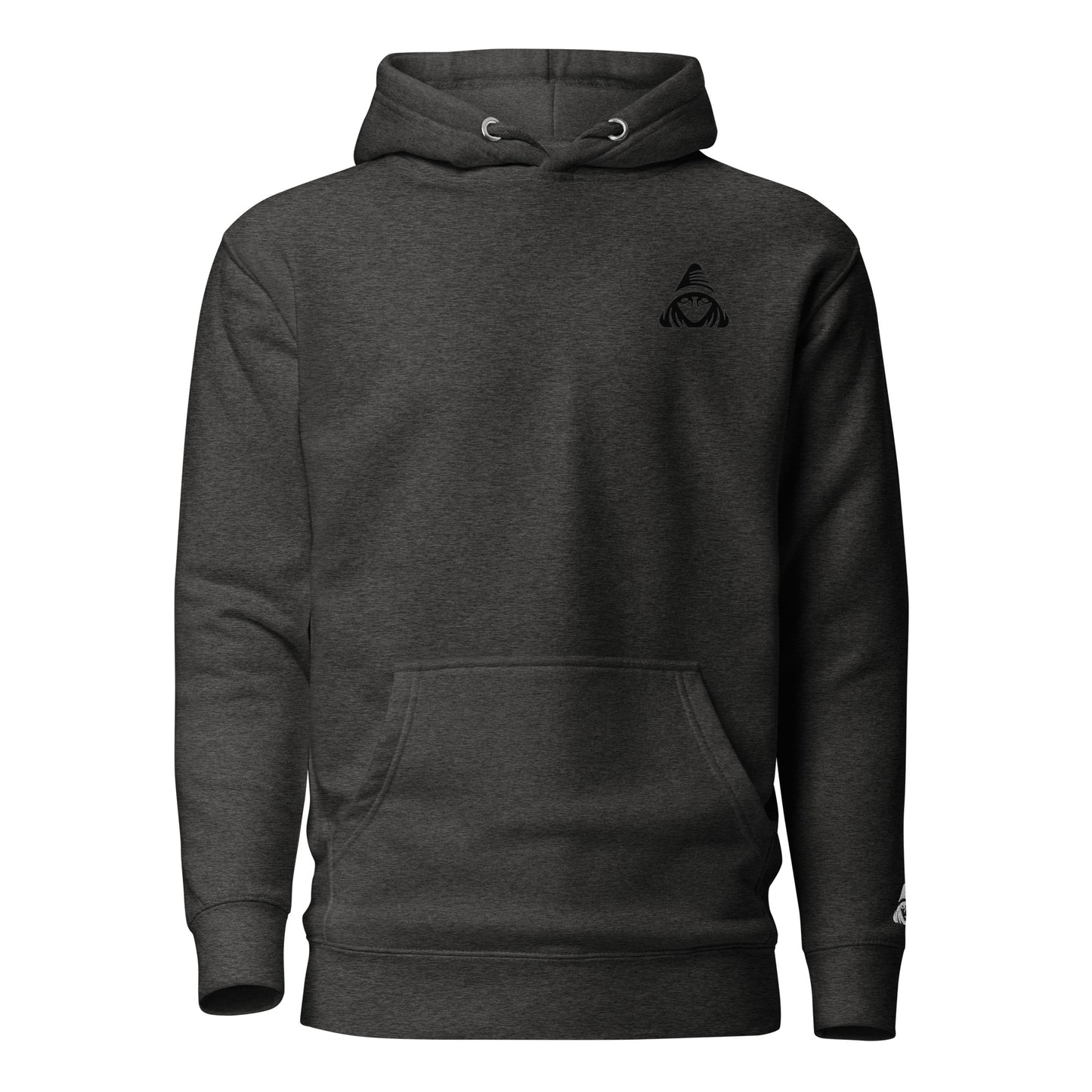 Dark gray hoodie with a small logo on the chest against a white background