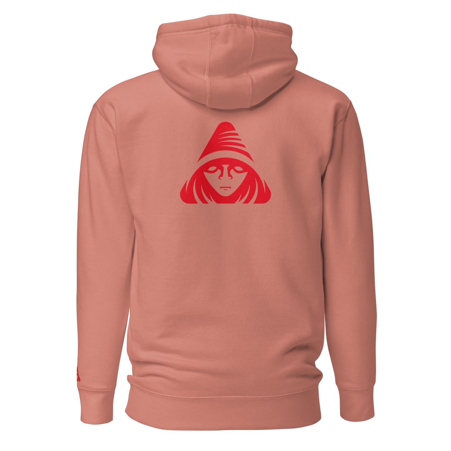 Pink hoodie with a red graphic on the back against a white background