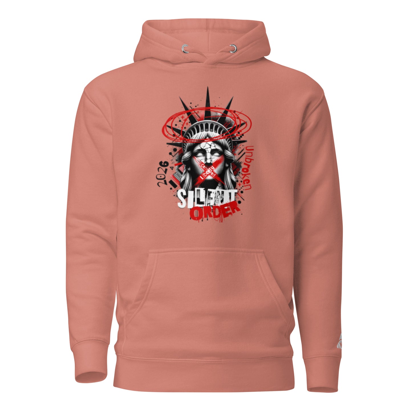 Coral hoodie with a graphic design of the Statue of Liberty on a white background