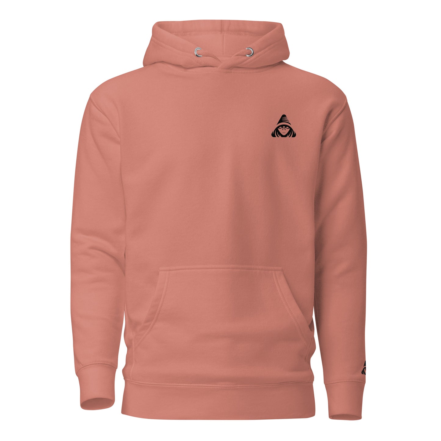 Coral hoodie with a black logo on a white background