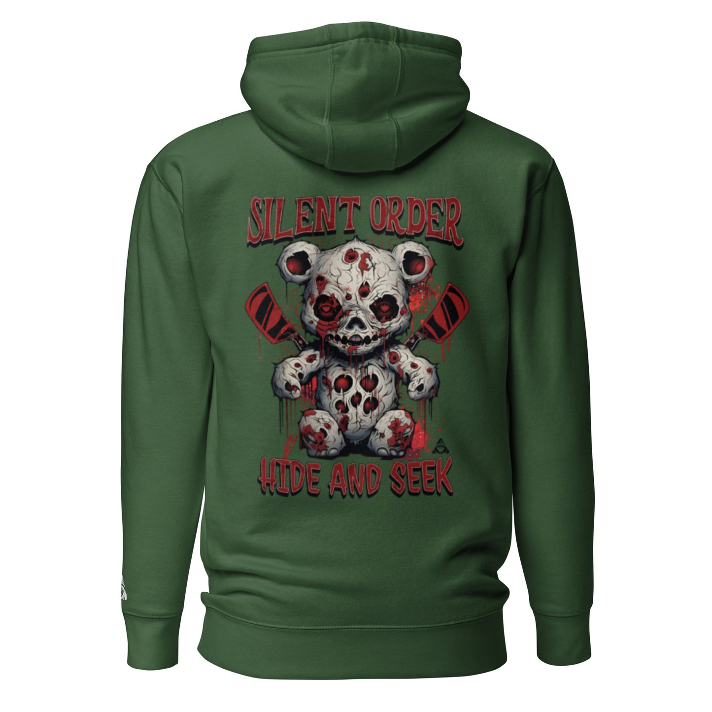 Green hoodie with a graphic design of a teddy bear and text on the back