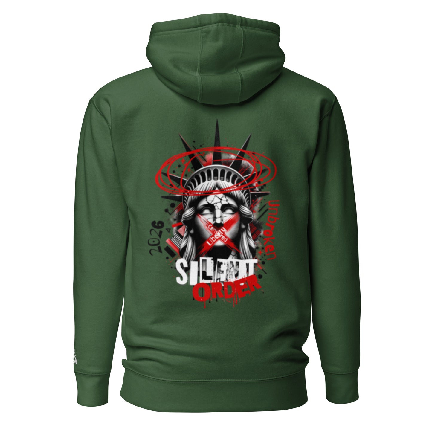 Green hoodie with a graphic design on the back featuring the Statue of Liberty and text.