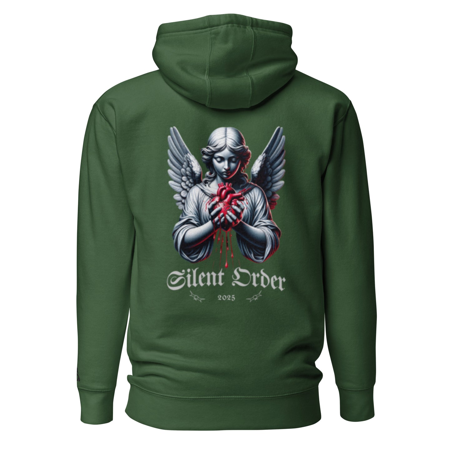 Green hoodie with an angel graphic and 'Silent Order' text on the back