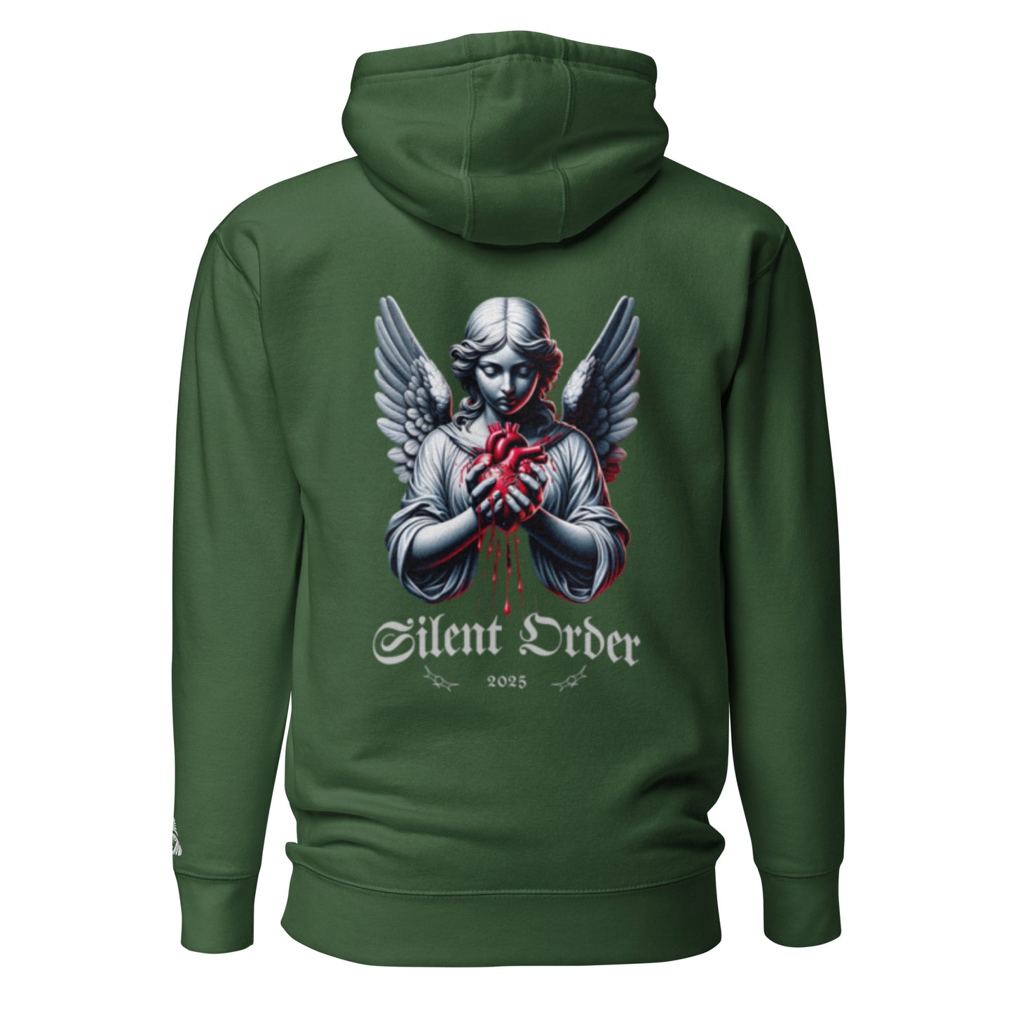 Green hoodie with an angel graphic and 'Silent Order' text on the back, on a white background