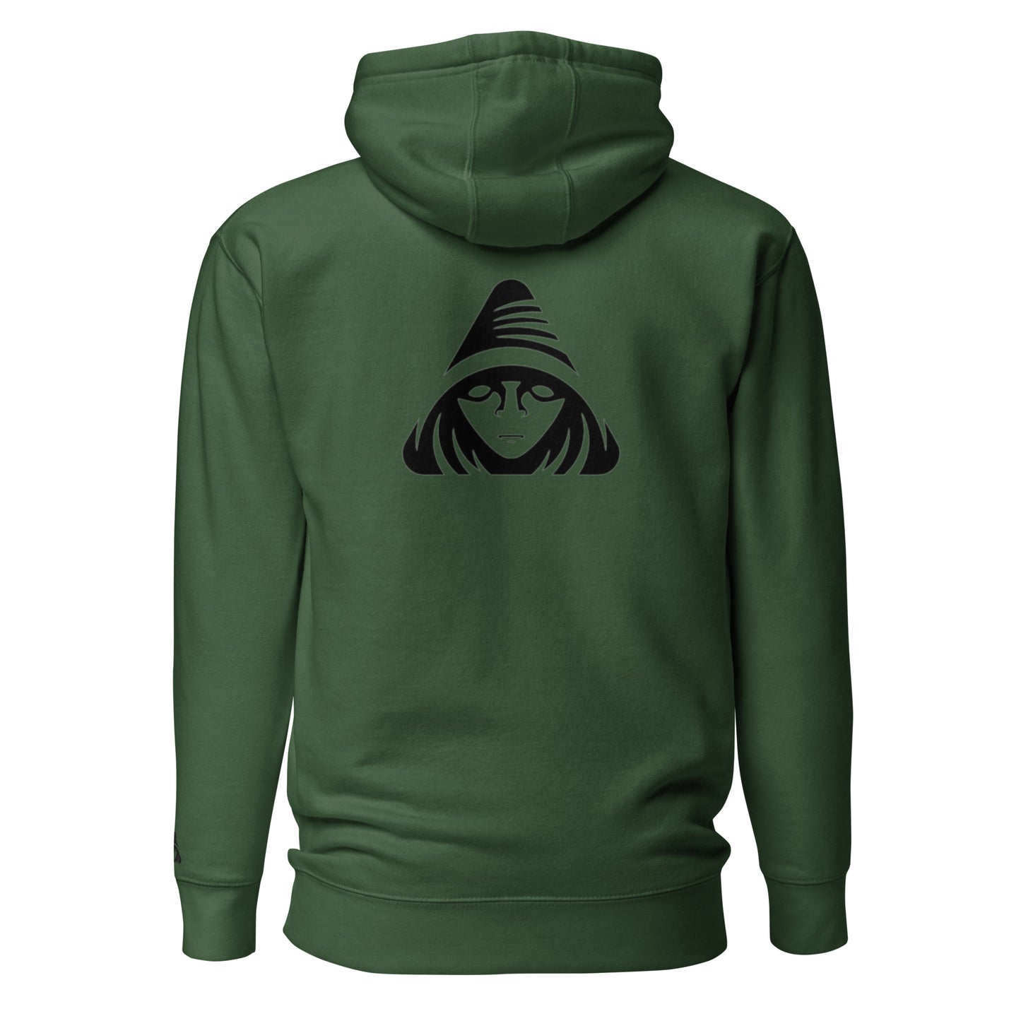 Green hoodie with a black graphic on the back against a white background