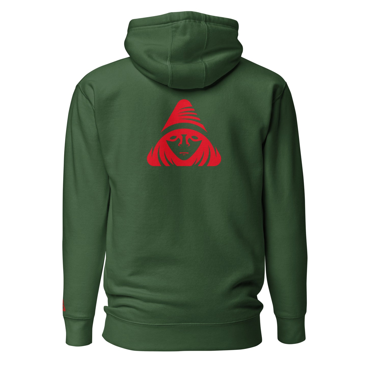 Green hoodie with a red graphic on the back against a white background