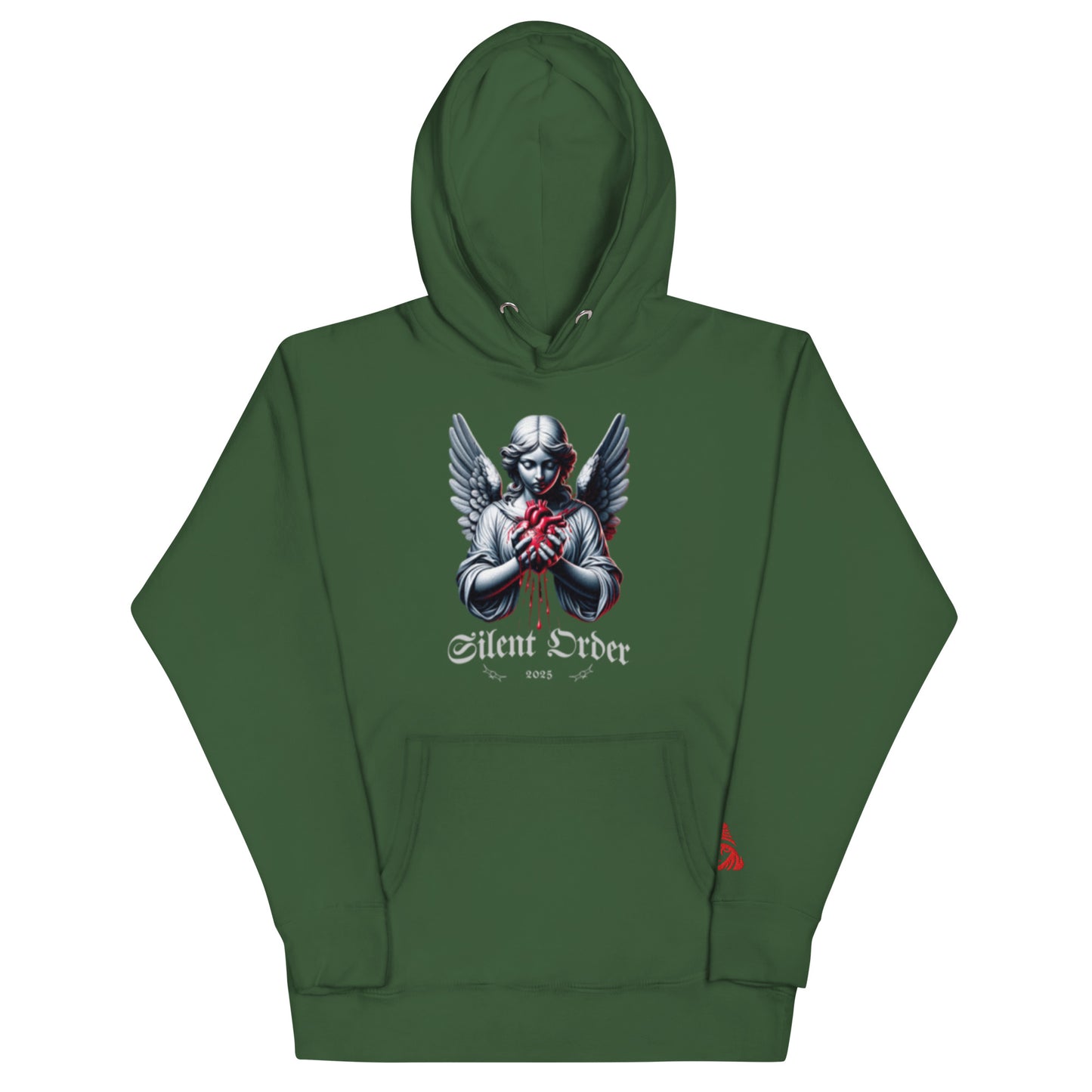 Green hoodie with a graphic design on a white background