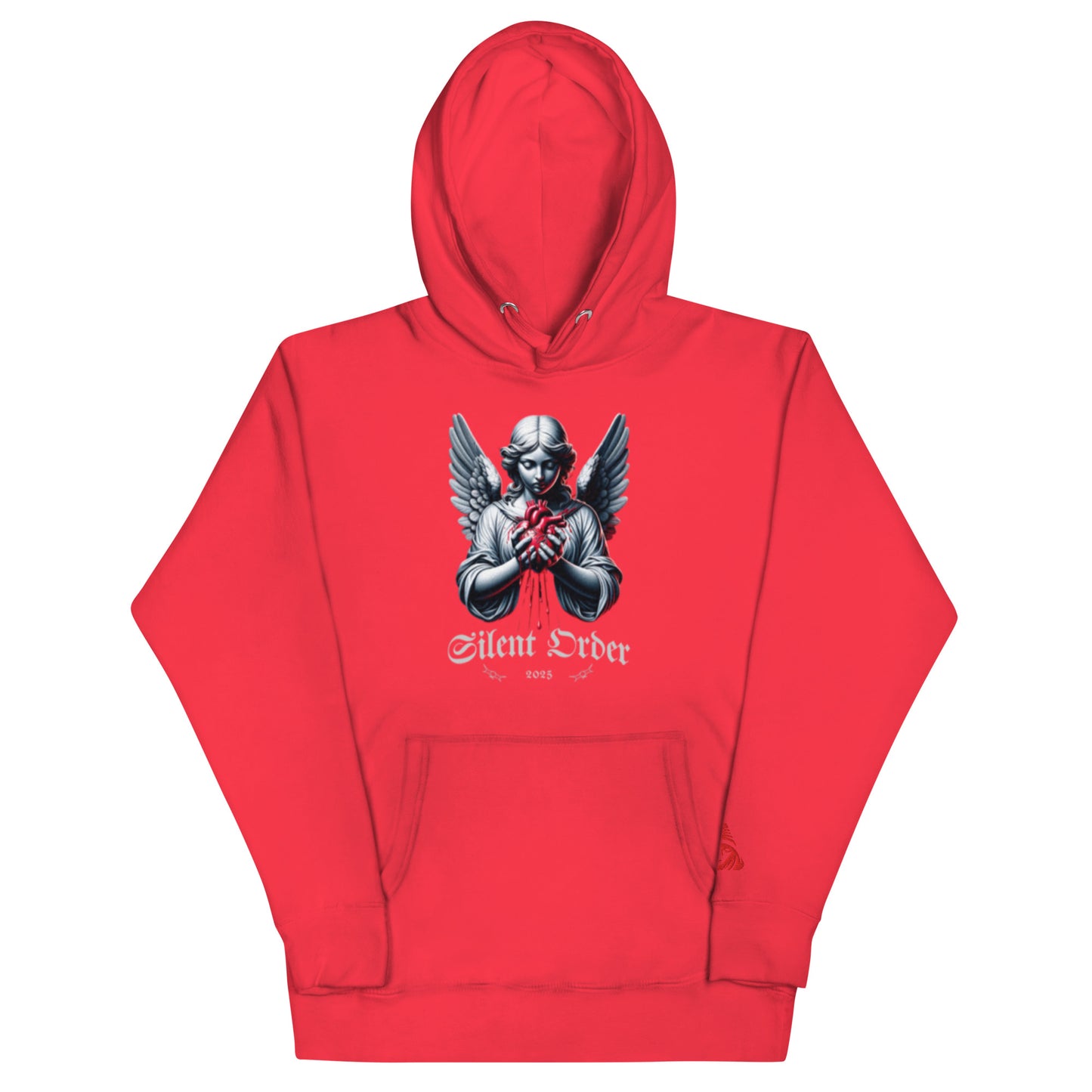 Red hoodie with a graphic design of an angel and text on a white background