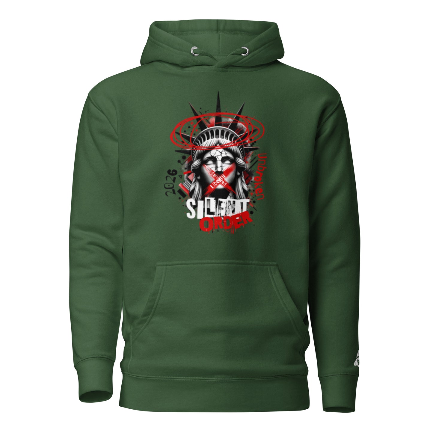 Green hoodie with a graphic design of a stylized face and 'Silent Order' text on a white background