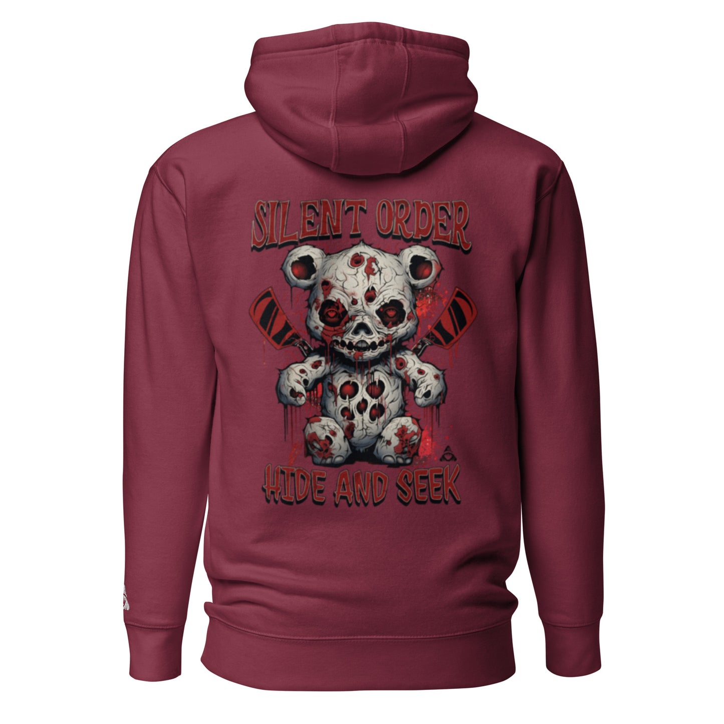 Maroon hoodie with a graphic design on the back featuring a bear and text.