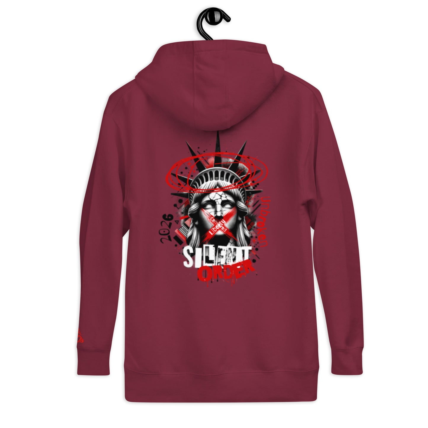 Maroon hoodie with graphic design on the back, featuring a stylized face and text, on a white background.