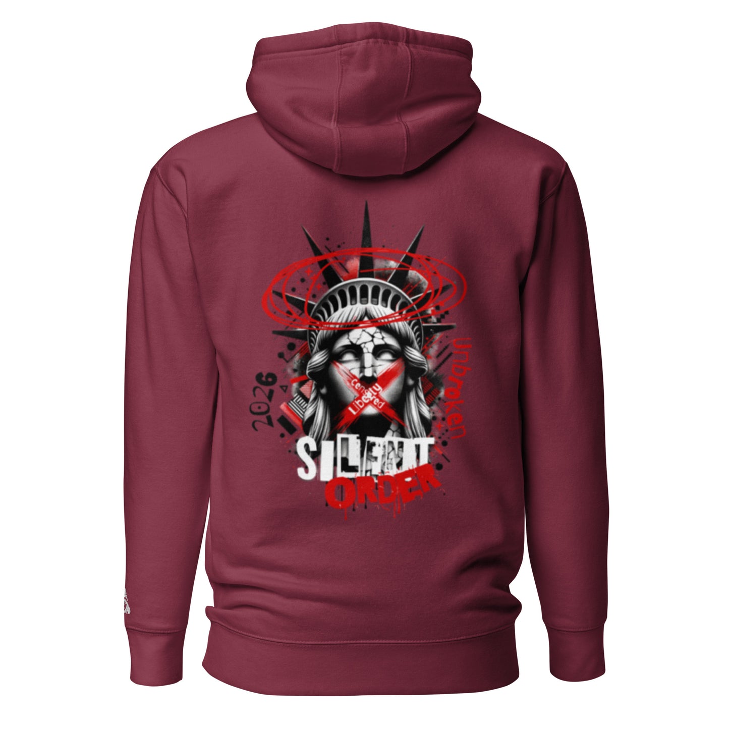 Maroon hoodie with a graphic design on the back featuring the Statue of Liberty.
