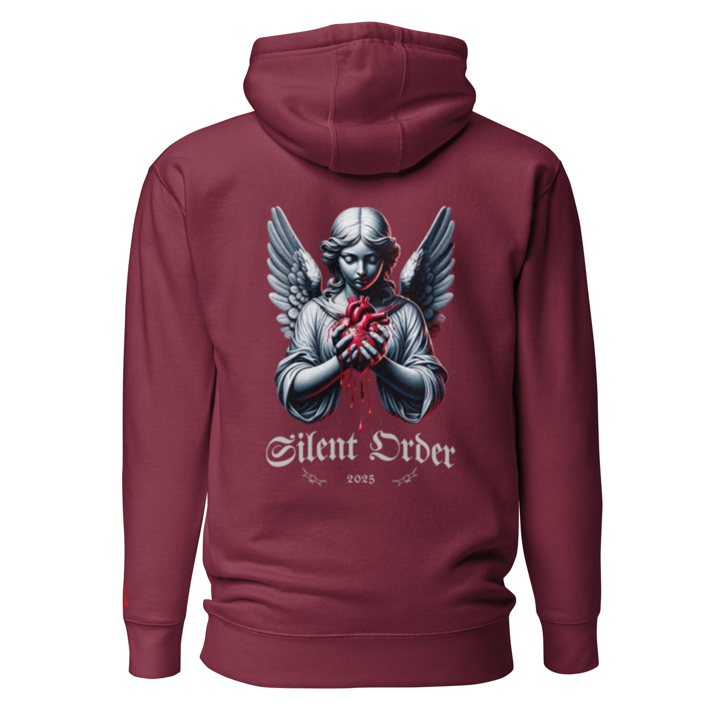 Maroon hoodie with an angel graphic and 'Silent Order' text on the back, on a white background