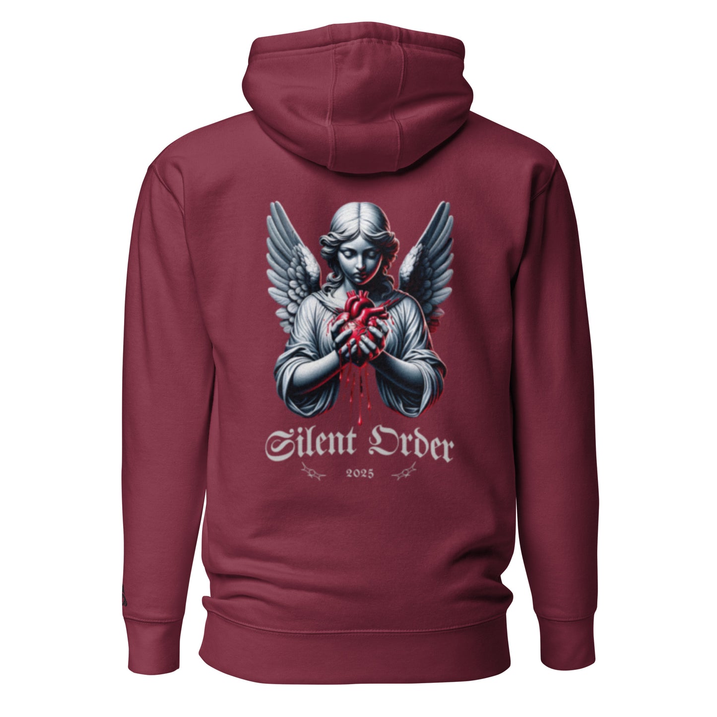 Maroon hoodie with an angel holding a heart design on the back, labeled 'Silent Order'.