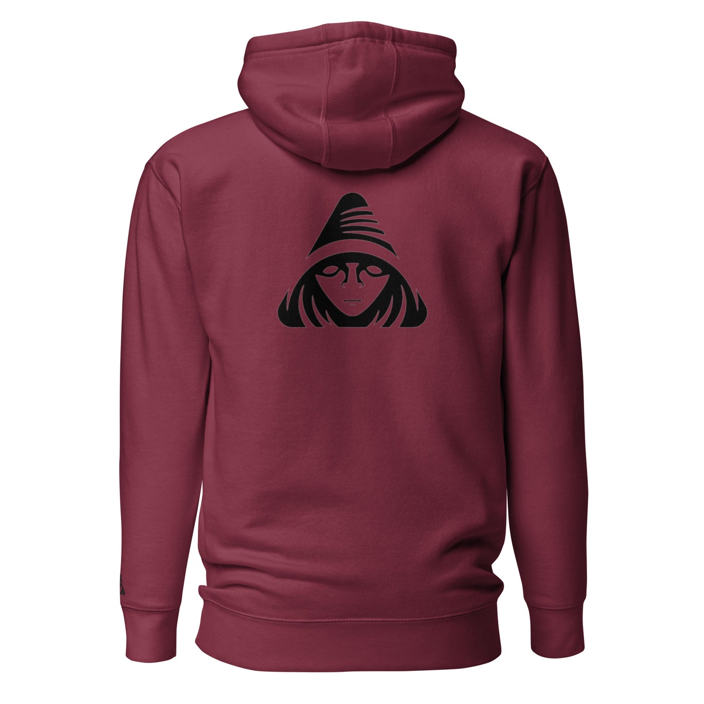 Maroon hoodie with a black graphic on the back against a white background