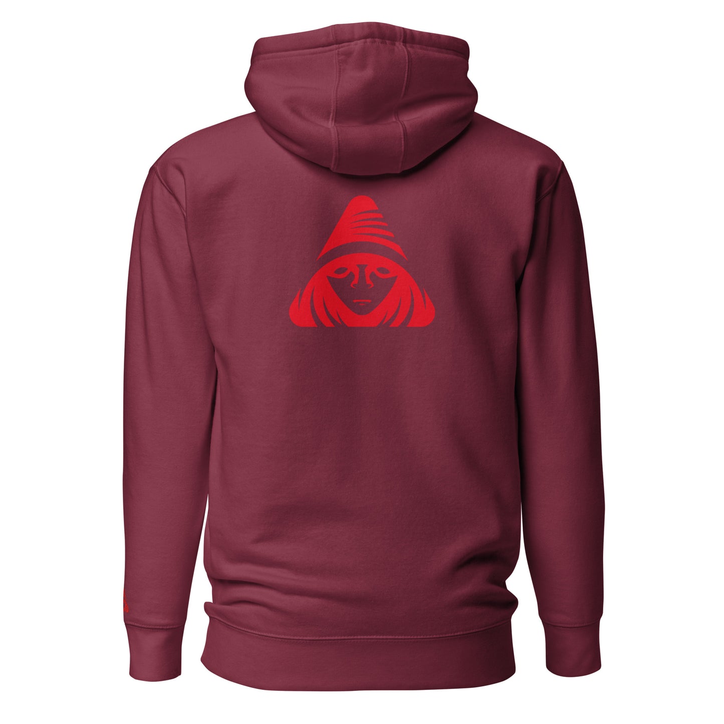 Maroon hoodie with a red graphic on the back against a white background
