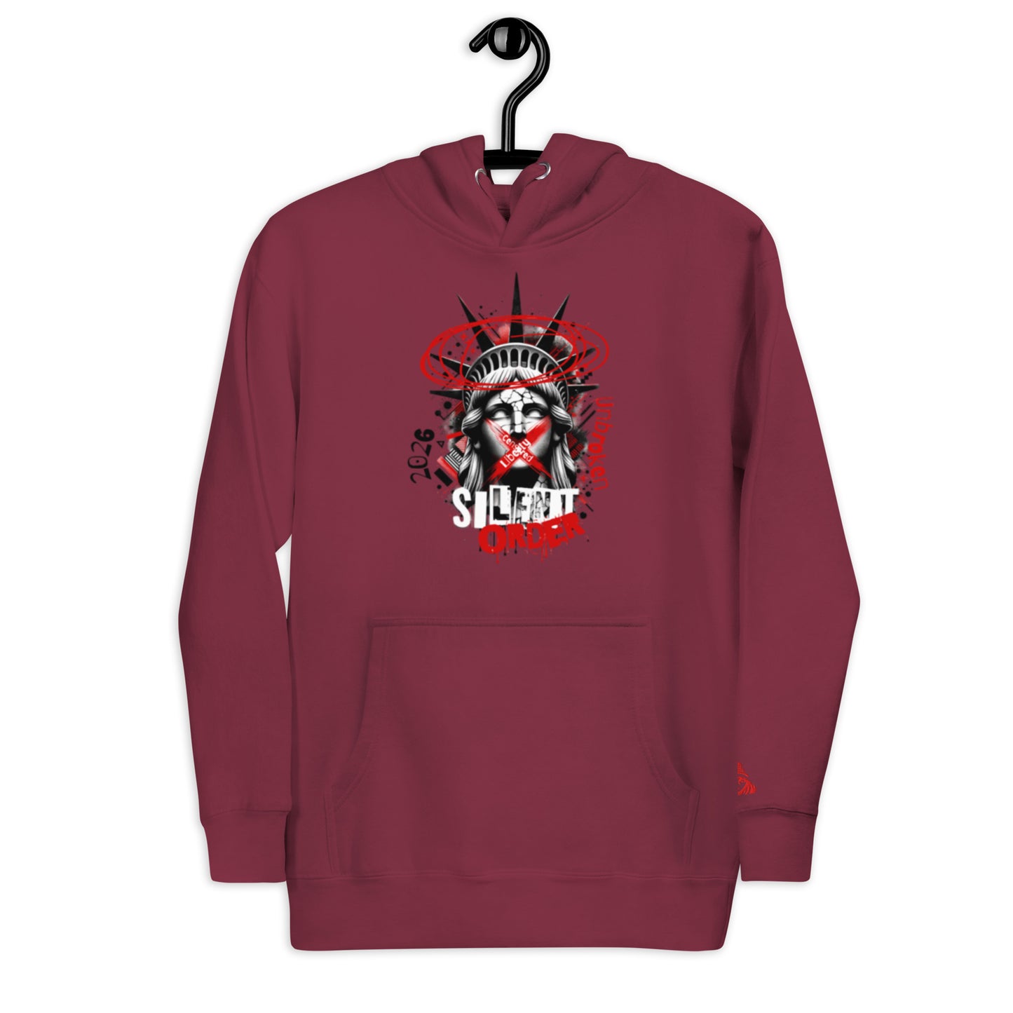 Maroon hoodie with a graphic design on a hanger against a white background