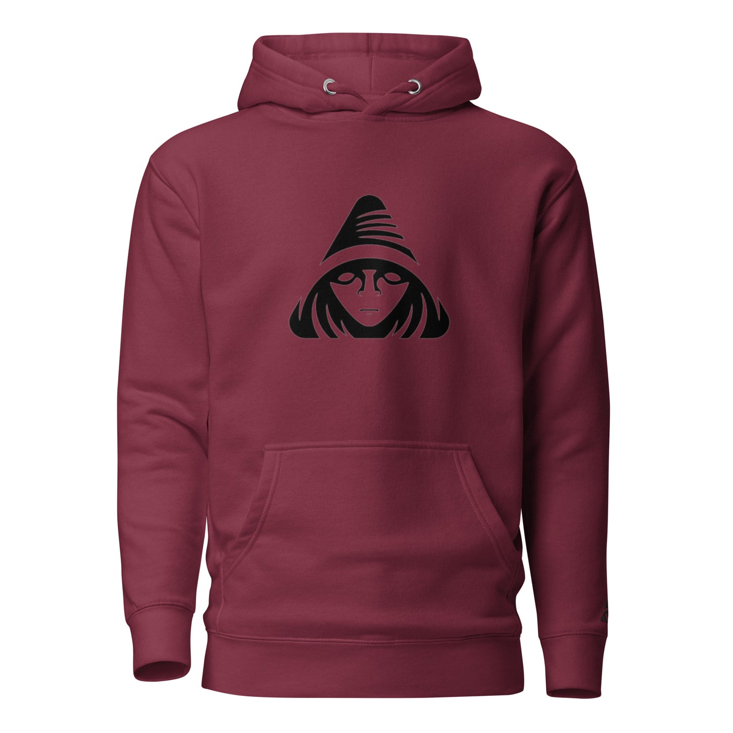 Maroon hoodie with black graphic design on a white background