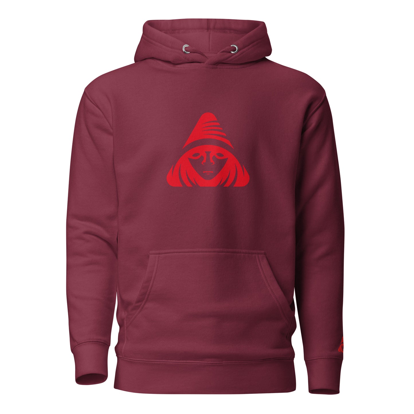 Maroon hoodie with a red graphic on the chest against a white background