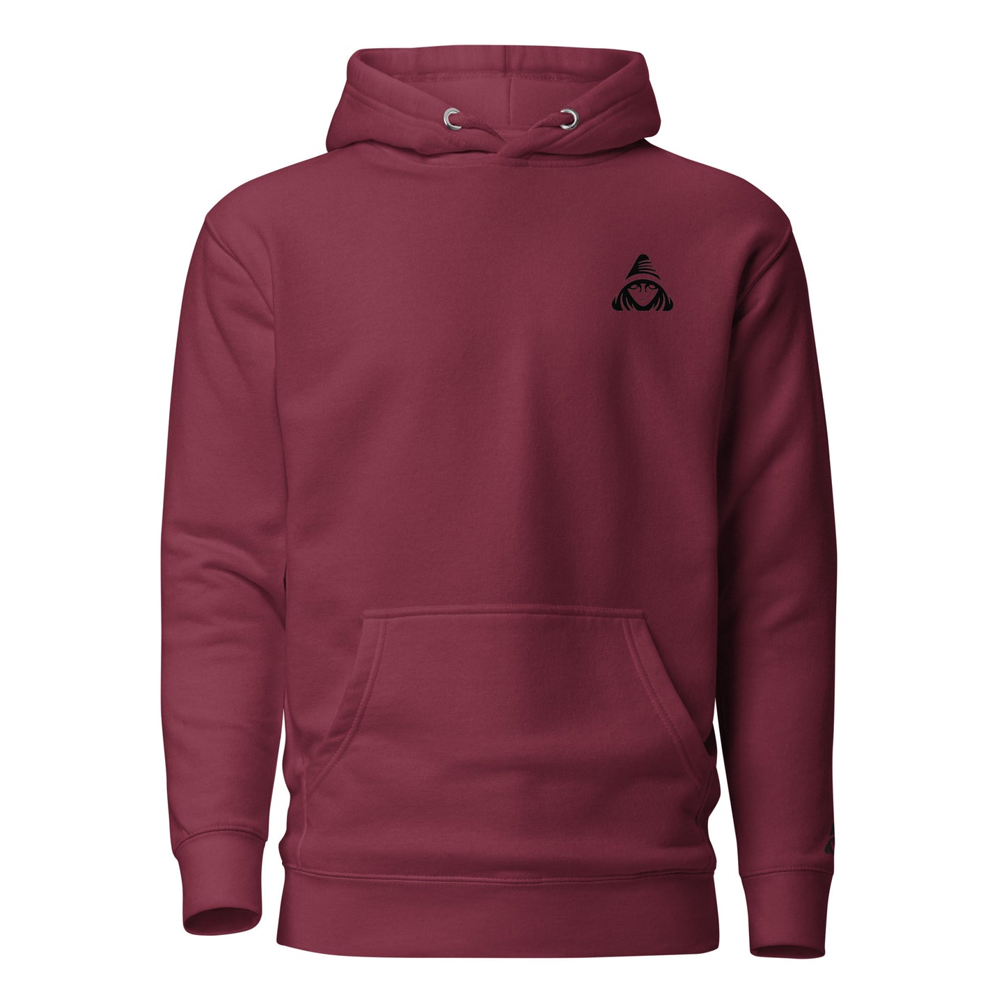 Maroon hoodie with a small black logo on the chest against a white background