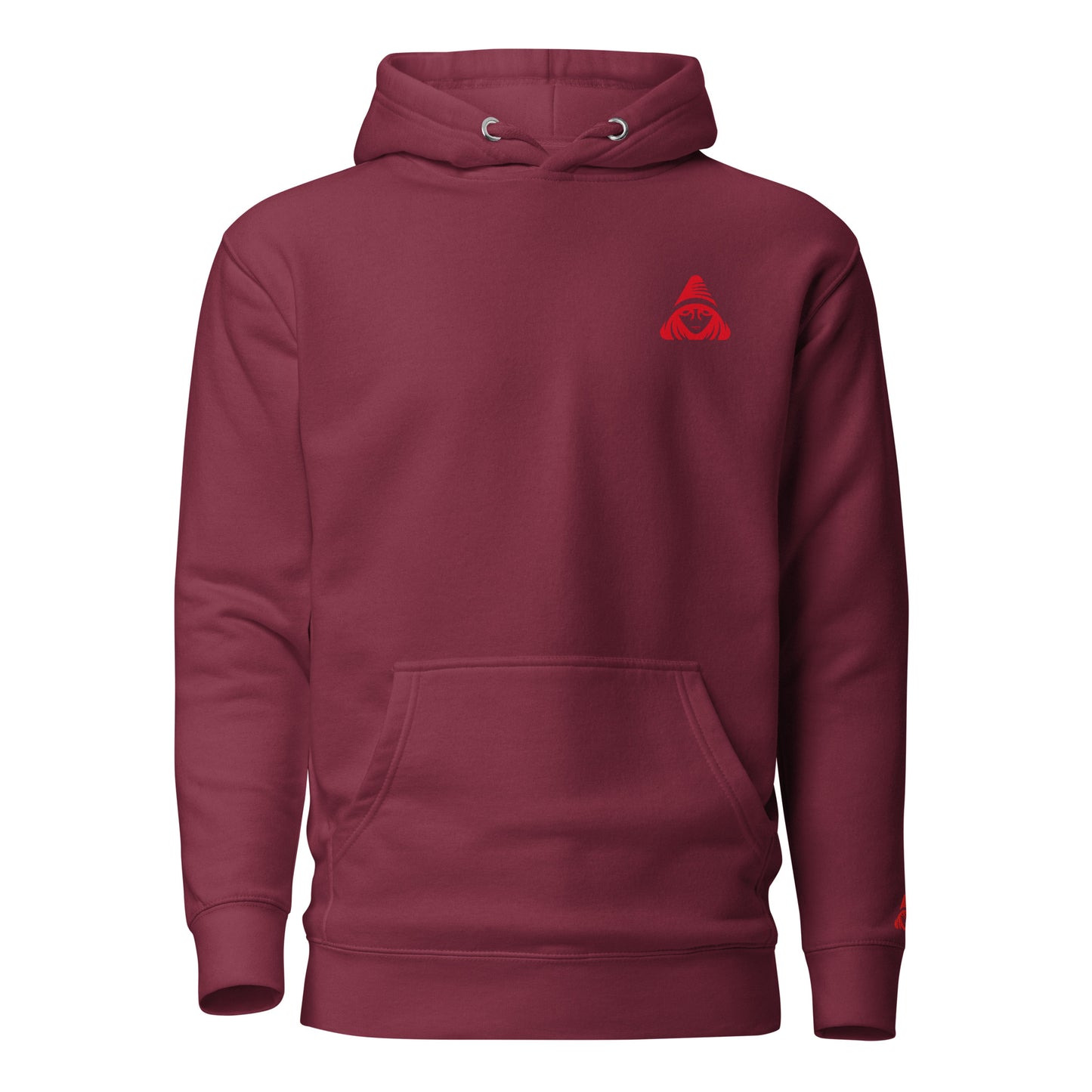 Maroon hoodie with a red logo on a white background