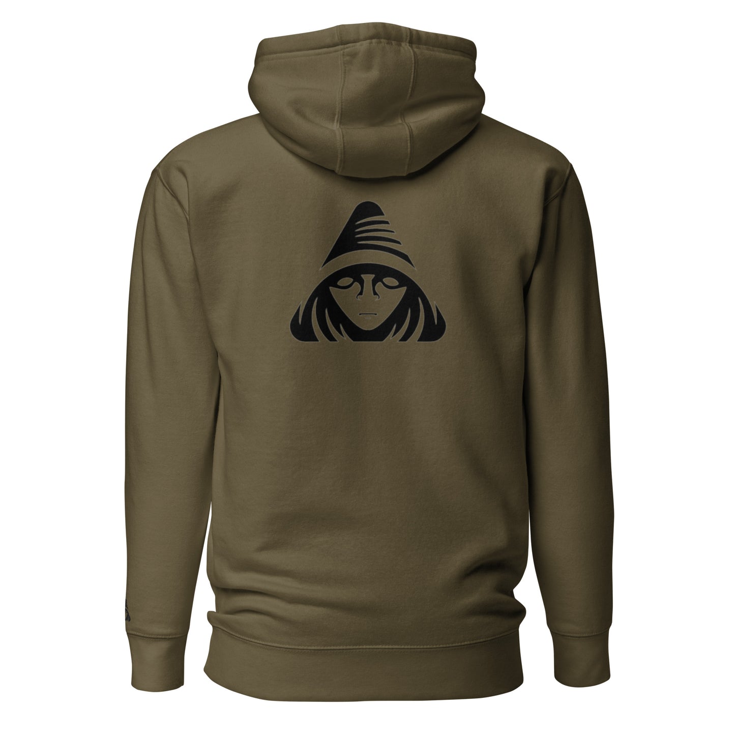 Brown hoodie with a black graphic on the back against a white background