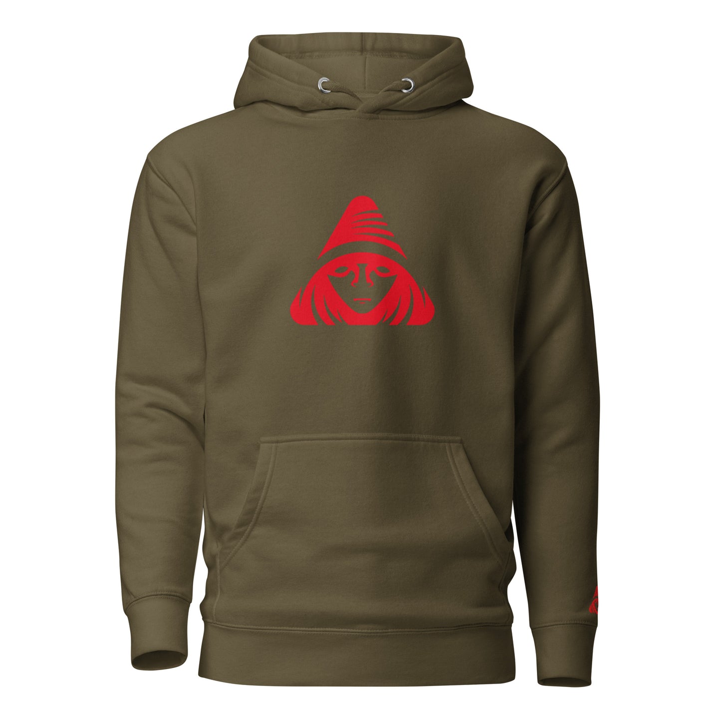 Green hoodie with a red logo on a white background
